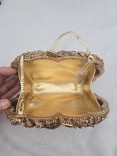 Gold Tone Metal Brown Crystal Rhinestone Rose 🌹 Clutch Evening Bag Hcbg833276-9 - Picture 4 of 12