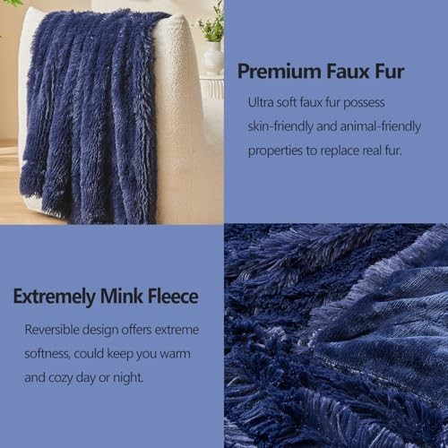 Fuzzy Faux Fur Throw Blanket Super Soft Cozy Plush Throw(50"x60") Dark Navy - Picture 5 of 6
