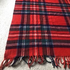 Troy Robe Red Green Plaid Vintage Blanket 100 Wool w/ Fringe spots no holes