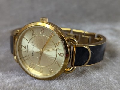 Anne Klein AK 1606 Women's 32 Mm Gold Chone Quartz Watch Black Enamel Band
