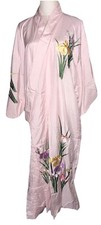 Vintage Beautiful Pink Silk embroidered kimono long robe Lined Made In Japan