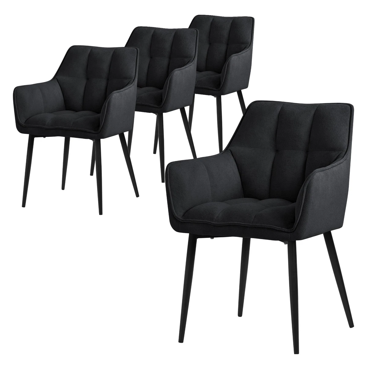 4x Sillas de comedor negras de tejido de rizo asiento ergonómico con patas metal