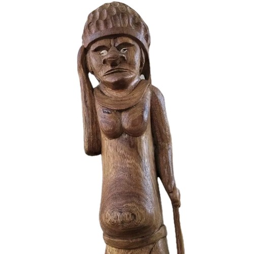 Vtg Hand Carved Wood Pacific Island Statue Figurine Papua New Guinea Shell Eyes - Picture 11 of 13