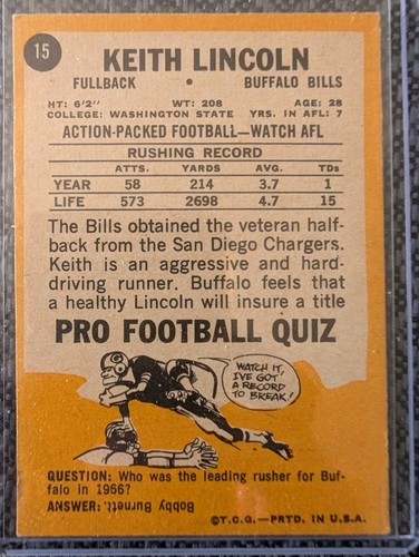 1967 Topps Football Keith Lincoln #15 - Picture 2 of 2