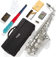 Mendini By Cecilio Eb Alto Saxophone, Case, Tuner, Mouthpiece, 10 Reeds - Nickel