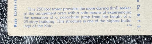 Tarjeta postal de la Feria Mundial de Nueva York 1939 salto en paracaídas torre de 250 ft - Imagen 9 de 9