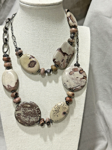 Earth Tone Chunky Stone Link Necklace Dark Silver Stone Chain LInk 34 “ - Picture 3 of 12