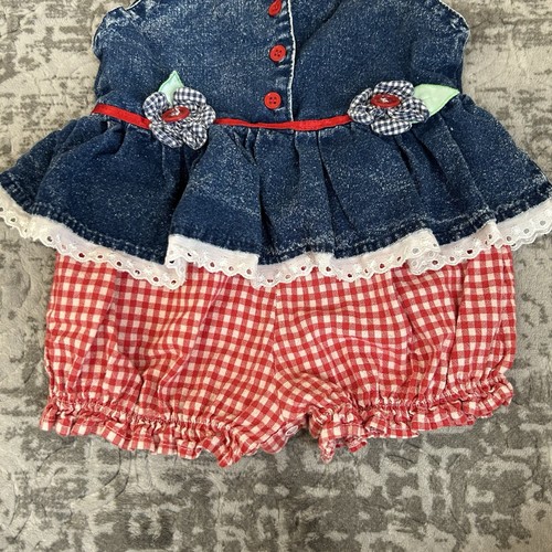 Vintage 90’s Pop Kids Denim And Gingham Bubble Romper Size 24 Months - Picture 4 of 14