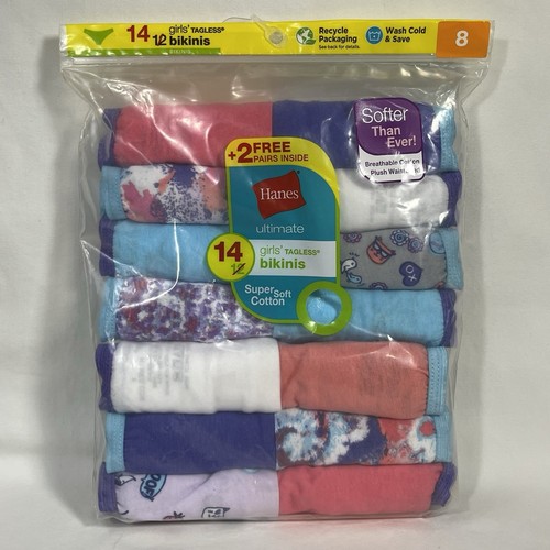 Hanes Ultimate Girls Tagless Cotton Bikinis Underwear Pack of 14 Pairs - Size 8 - Picture 1 of 6