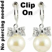 CLIP ON bow BIG CREAM PEARL&CZ DROP EARRINGS hoop silver plated CUBIC ZIRCONIA