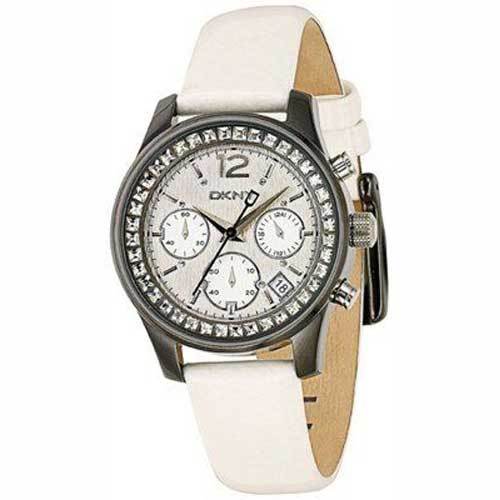 NEW DKNY BLACK STAINLESS STEEL,WHITE LEATHER+CRYSTALS