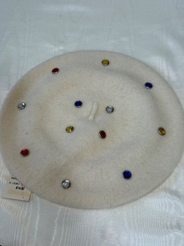 Boina vintage de lana de cordero marfil para mujer con estrás nueva con etiquetas - Imagen 1 de 4