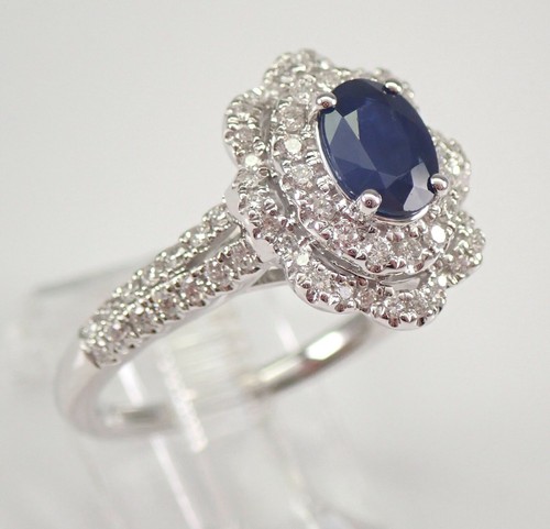 14K Weißgold Diamant und Saphir Doppel Halo Verlobungsring Größe 7 KOSTENLOSE GRÖSSE - Bild 2 von 7