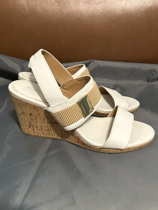 Calvin Klein Sandals Womens  8.5 Brandie Cork Wedge  Slingback White Leather