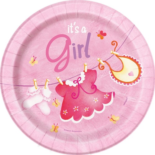 Pink Plates Baby Shower Dessert Plates 8ct Clothesline Girl Baby Party Supplies - Picture 1 of 2