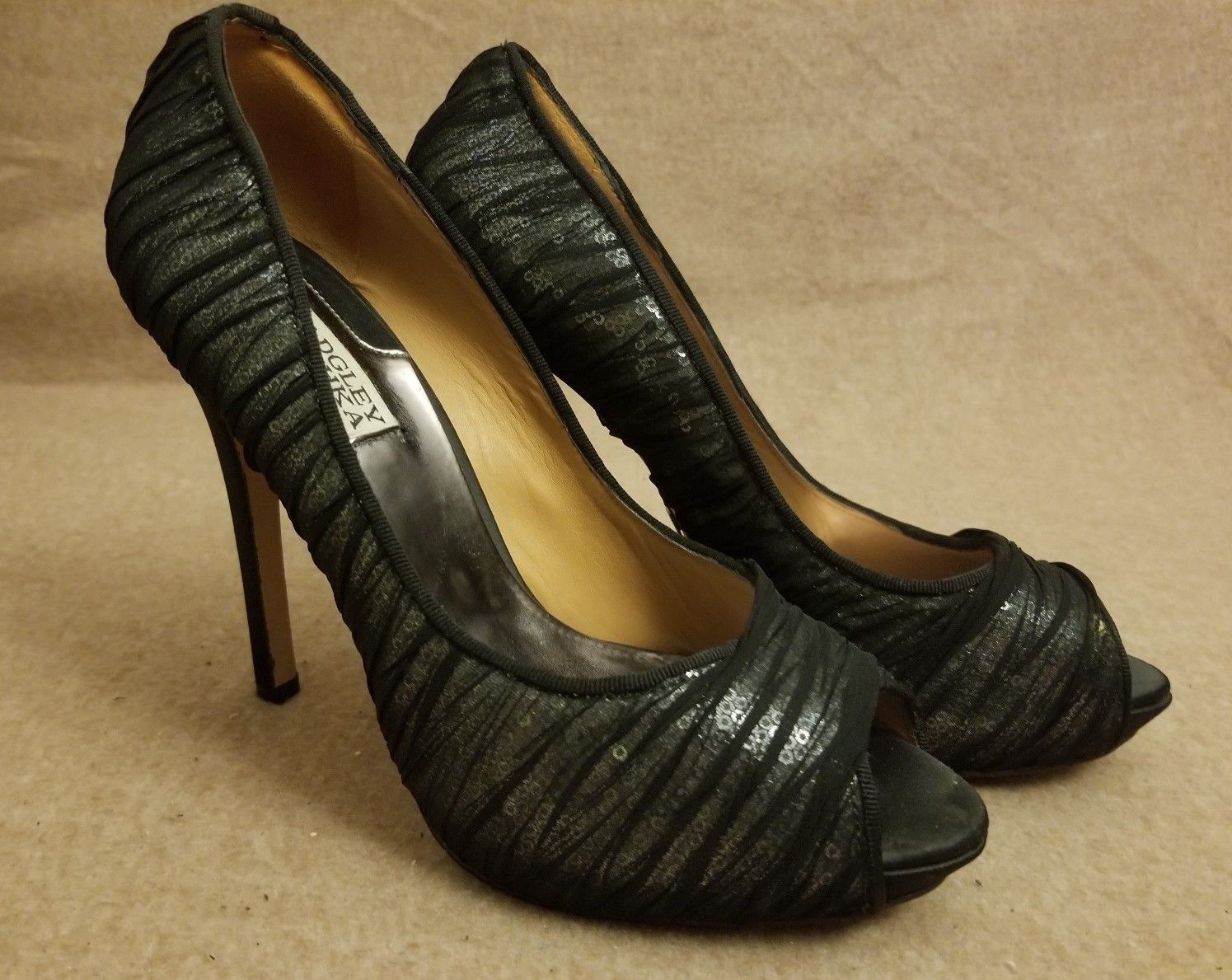 Badgley Mischka Women High Heel Peep Toe Sequins Black Pumps Evening Shoes Sz 10 Badgley Mischka Women High Heel Peep Toe Sequins Black Pumps Evening Shoes Sz 10