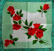 Vintage Cotton HANDKERCHIEF Hankie w/ Red Roses on Green  White Background