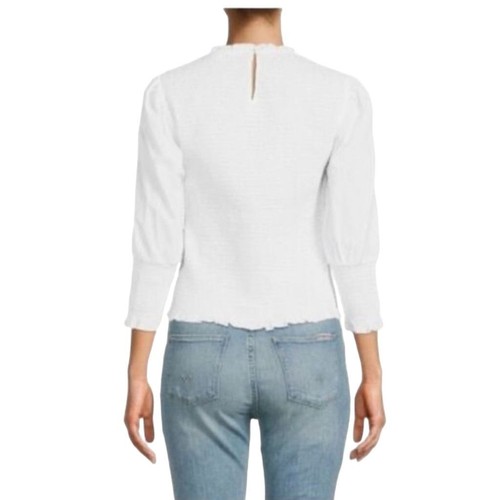 Women's Off-White Smocked Long Sleeve Blouse Size 4 Casual Crew Neck Puff Sleeve - Picture 2 of 6