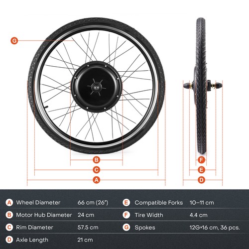 1000W/1500W Electric Bicycle Front/Rear Wheel + Tire E-Bike Conversion Motor Kit - Picture 4 of 20