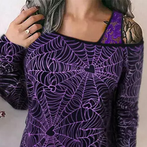 Womens Cold Shoulder Gothic Mini Dress Lace Long Sleeve Spiderweb Jumper Dresses - Picture 6 of 13