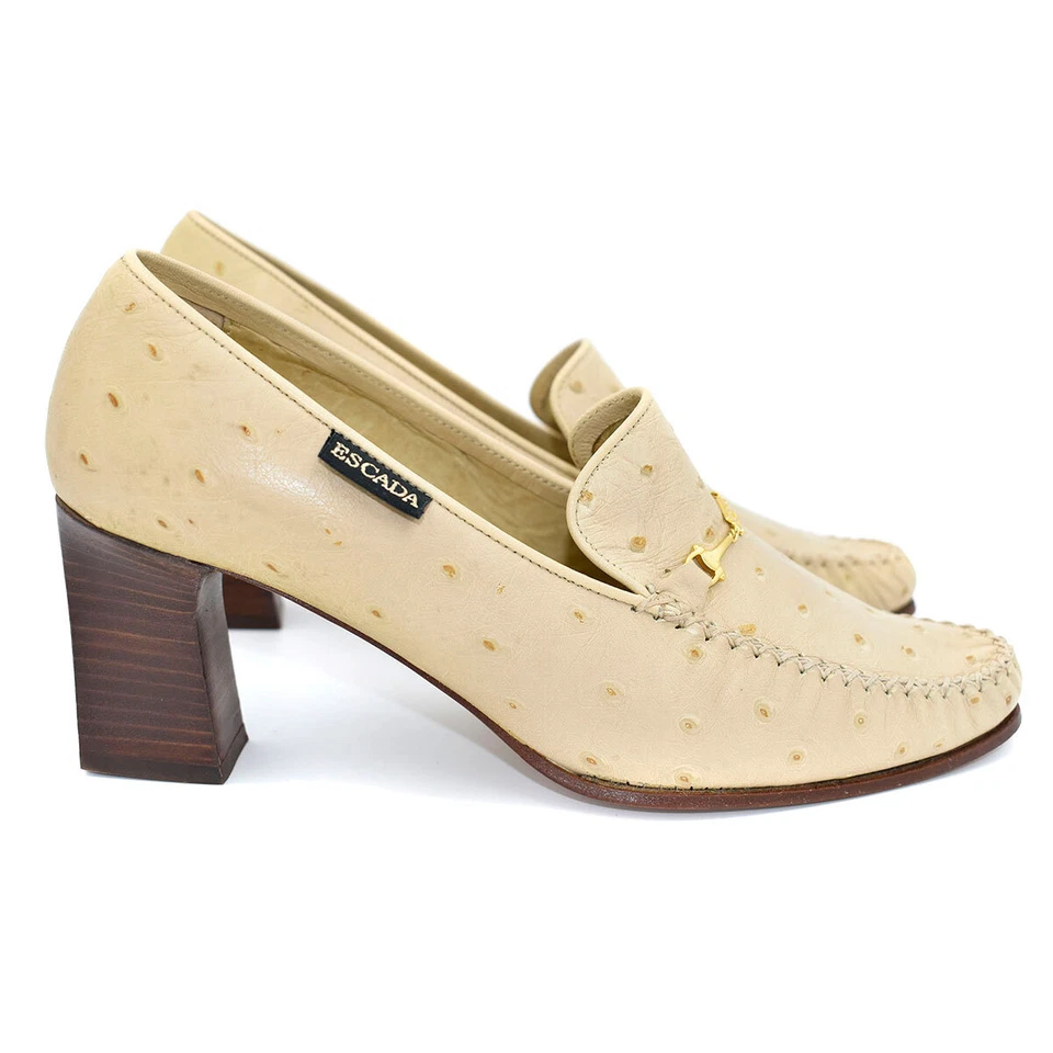 Zapatos de salón estilo mocasín de cuero en relieve de avestruz piedra Escada $290 talla 9,5 M Foto 3 de 4