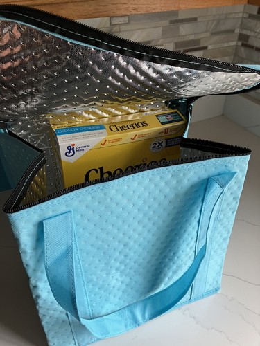 3 Qty INSULATED REUSABLE GROCERY BAG - SOLID TEAL - Thermal Zipper Shopping Tote - Afbeelding 2 van 6