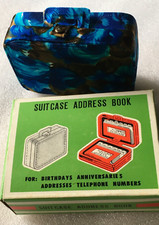 NOS Vintage boxed SUITCASE shaped Address Book Flowers Blue satin JAPAN