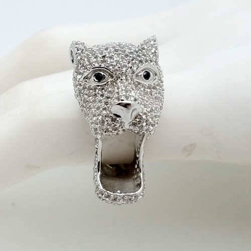 Neu Sterlingsilber 925 weißer Topas Tiger Hund Kopf offener Kiefer Bandring Größe 7 - Bild 3 von 11