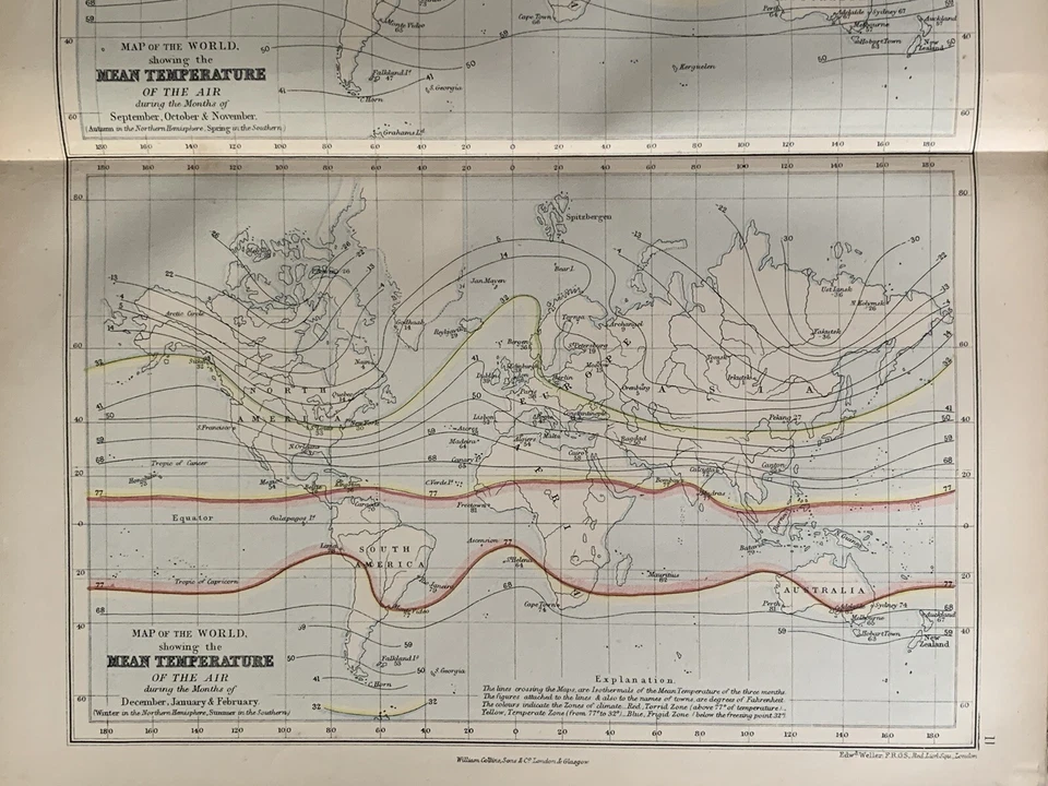 Carta Mundial de Temperaturas del Aire de 1870 de septiembre a febrero por Edward Weller Foto 3 de 3