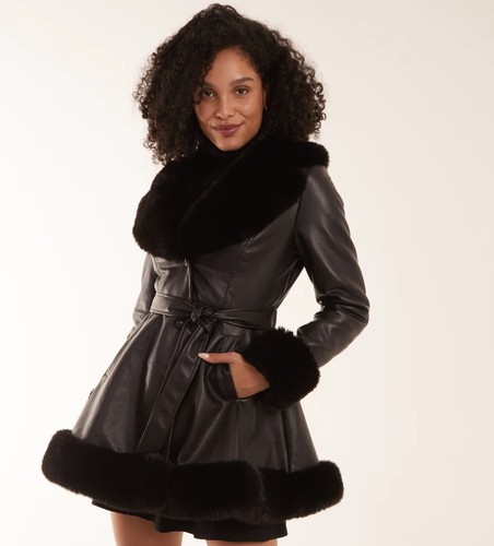 Neu Damen Pelz getrimmt GÜRTEL LEDER SKATER ROCK MANTEL Winterjacke neu mit Etikett - Bild 7 von 11