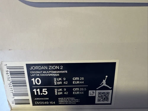 Jordan Zion 2 Coconut Milk/Pomegranate Size 10