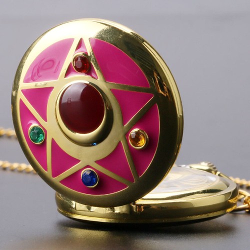 Golden Pink Pocket Watch Sailor Moon Anime Quartz Pendant Watch for Women Girl - Picture 7 of 7