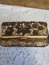 Vintage Evening Bag Purse Foldover Clutch Beaded Sequin Gold Brown Hong Kong