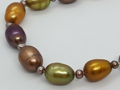 Yellow & green stained cultured pearl vintage Art Deco antique long necklace - Picture 5 of 8