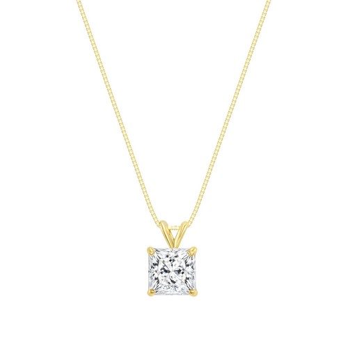 1.50 Ct Created Diamond Princess Cut Real 14K Yellow Gold Pendant 18" Necklace - Picture 1 of 2