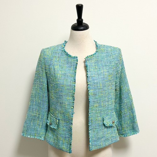 Eric Signature Scuba Blue Green Tweed 3/4 Sleeve Short Blazer NWT 8 Frayed Trim - Picture 3 of 9