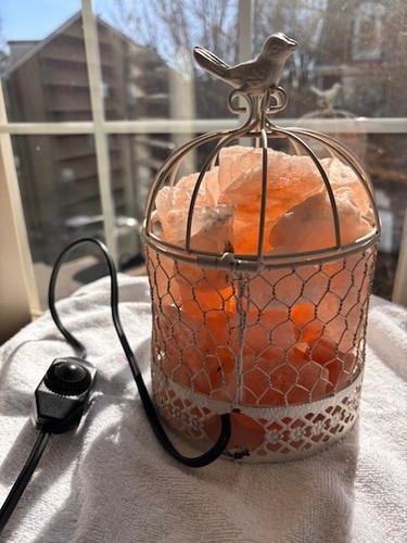 Mesmerizing Himalayan Salt Lamp in Delightful White Metal "Bird Cage" Container - Picture 2 of 7