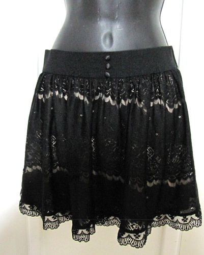 RUE 21 Black Floral see-through-Lace Lined Mini Skirt Elastic-waist Women's S
