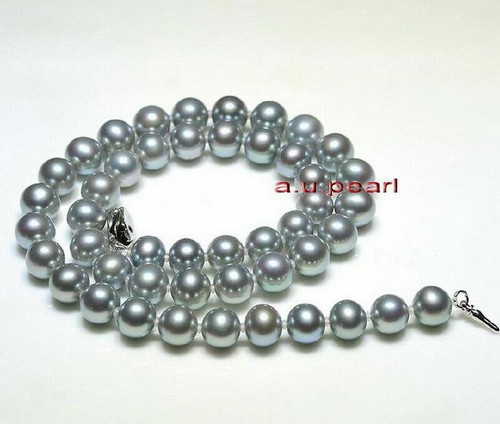 AAAAA 18"9-10mm NATURAL REAL ROUND South sea silver gray pearl necklace 14K  - Picture 5 of 6