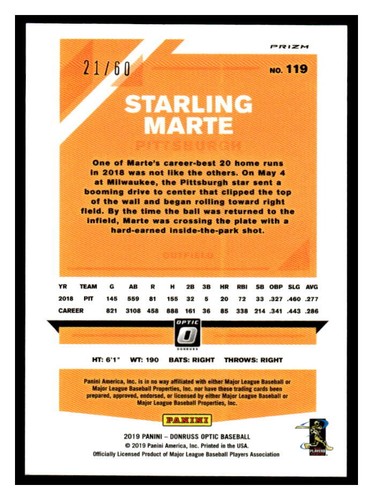 2019 Donruss Optic #119 Starling Marte Red #/60 - Picture 2 of 2
