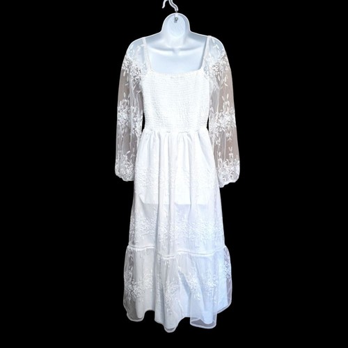 Einfaches weißes Kleid mit transparenten Ärmeln, Größe 6 - Bild 4 von 7