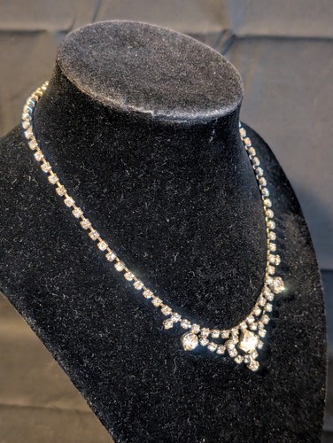 Vintage Clear Rhinestone Choker Necklace Silver Tone 14.75” Hook Close Art Deco - Picture 5 of 6