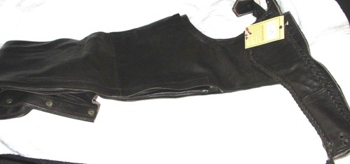 MENS NEW PREMIUM BUFFALO BRAIDED LEATHER BLACK MOTORCYCLE CHAPS Small CLOSEOUT - Foto 4 di 5