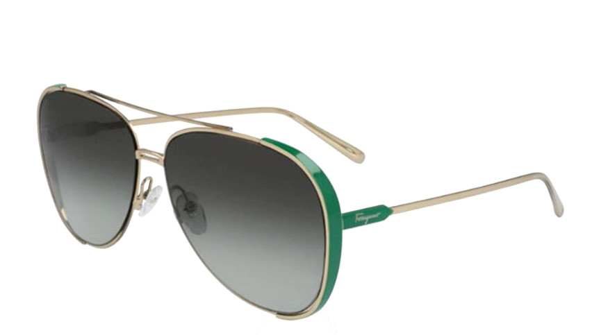 Salvatore Ferragamo SF205S 726 Блестящие золотисто-зеленые солнцезащитные очки-авиаторы 62-14-145