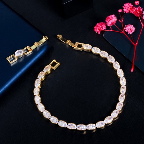 Yellow Gold Plated CZ Oval Bracelet Bangle for Lover Brides Popular Jewelry Gift - Picture 7 of 15