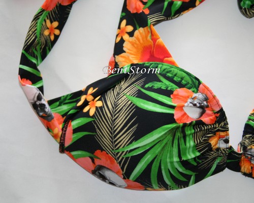 NUEVO TRAJE DE BAÑO RETRO HIBISCO FLOR CALAVERA FLORAL BIKINI HALTER SUJETADOR TOP SOLAMENTE M - Imagen 5 de 6