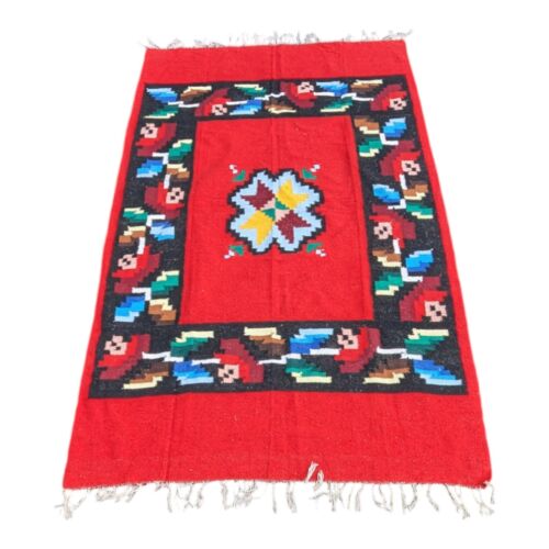 1960s Mexican Woven Rug Blanket Tapestry Floral Geometric Bright 48”x 86” - Picture 3 of 6