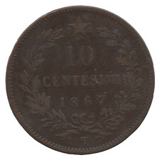 1867 T Italy 10 Centesimi Coin – Vittorio Emanuele II – Turin Mint – Copper