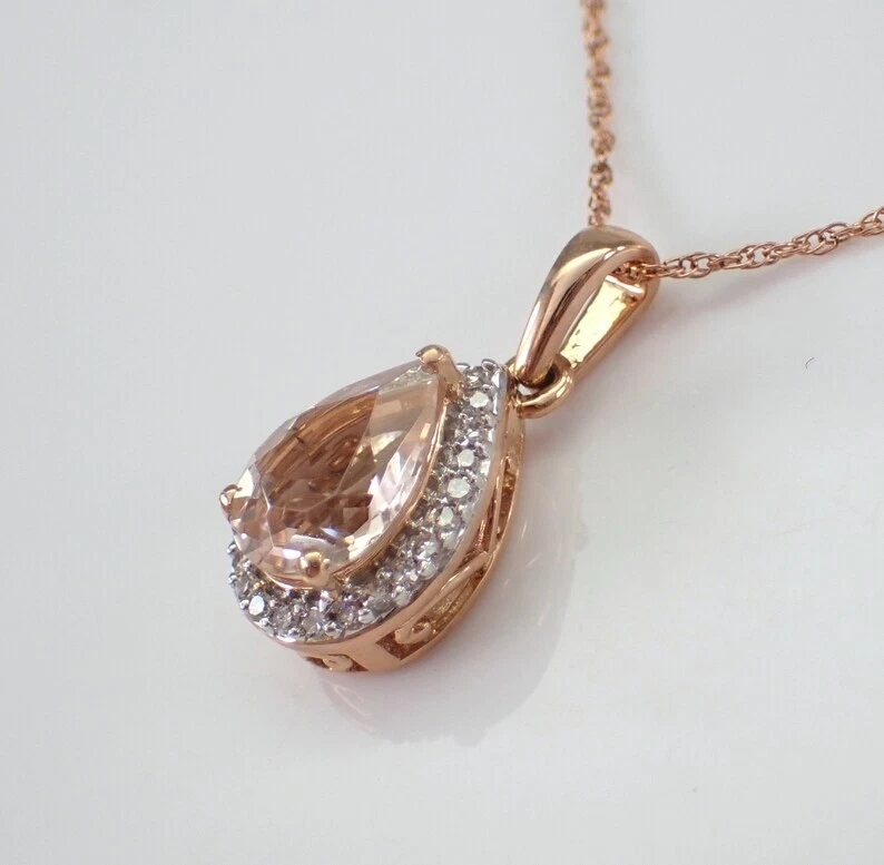 Colgante con dije de lágrima de morganita natural corte pera de 2 quilates enchapado en oro rosa de 14 quilates de 18" Foto 3 de 4