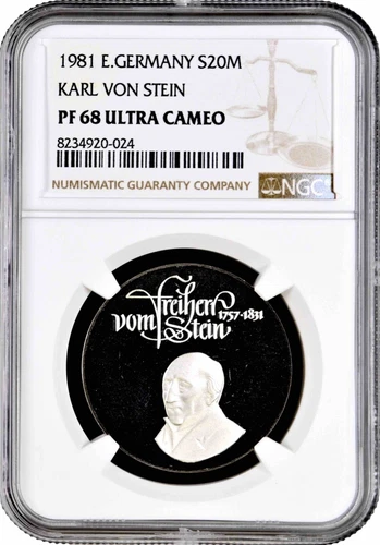 Germany - GDR 20 mark 1981, NGC PF68 UC, "Heinrich Karl vom Stein" Top Pop 5/0